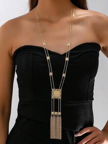 1pc Vintage Style Silver-Color Long Chain Tassel Necklace, Bohemian Design, Suitable For Daily Wear - Bohemian Necklace - View 12