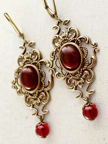 2 chiếc khuyên tai hình hoa rỗng cổ điển đính hạt kim cương màu đỏ, khuyên tai mặt dây chuyền tông màu đồng kim loại, thích hợp cho các buổi đi chơi, tiệc tùng, tụ họp, biểu diễn - Đồng - Xem 5