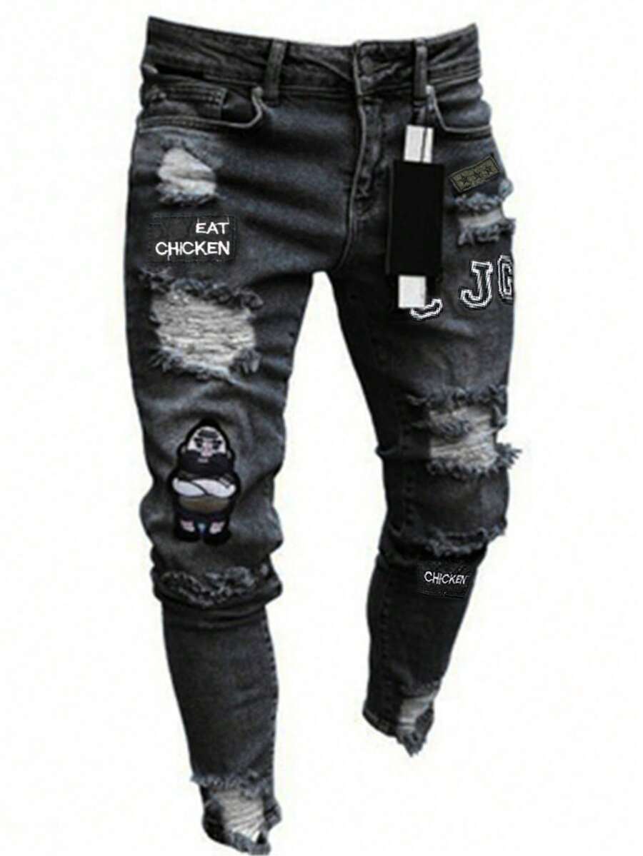 Men's Letter Patch Ripped Pocket Casual Denim Jeans, Emo Style - Grey - View 1