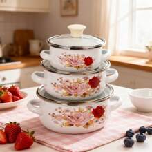 Zestaw naczyń emaliowanych 2025 | Powłoka ceramiczna bez PFAS, nadaje się do kuchenek gazowych/indukcyjnych | Zaokrąglone krawędzie, nadaje się do grillowania na świeżym powietrzu/użytku domowego | Zestaw 3-częściowy (garnek do zupy/garnek termiczny/garnek na jedzenie dla niemowląt) | Styl retro, łatwy do czyszczenia