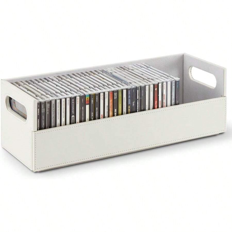 Stock Your Home CD Storage Box Organizer Shelf For Movie Cases DVDs Cassette Tape Display Stand Disc Holder Can Store Up To 40 CDs Faux Leather White - White - View 1