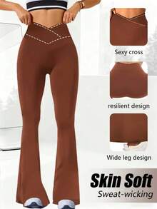 女士高腰喇叭裤，交叉弹力腰带设计，休闲百搭修身阔腿裤，弹力涤纶面料，可机洗，凸显曲线，瑜伽/健身紧身打底裤，高腰提臀收腹裤 - 柔软面料 - 棕色 - 查看 2
