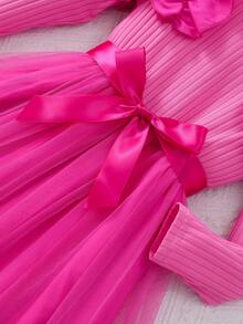 女童长袖圆领荷叶边罗纹撞色网纱连衣裙，甜美可爱，适合秋冬季节穿着。 - 玫紅色 - 查看 6