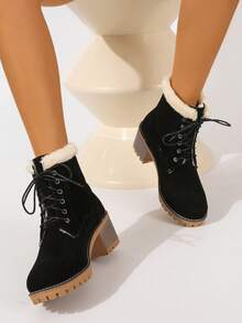 Winterliche, dickabsätzige, rund-zehenförmige, flach geschnittene Schnürstiefel mit modischem Design für Frauen, mit dicker Isolierung innen, einfarbige schlichte Damenwinterstiefel, Fellstiefel - Schwarz - Übersicht 2