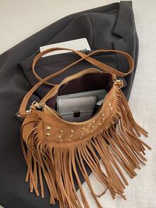 New Solid Color Fashion Personalized Tassel Women's Handbag, Large Capacity One Shoulder Diagonal Shoulder Bucket Bag - Brown - View 4