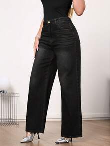 Quần jeans nữ ống rộng cạp trung kiểu vintage - Không co giãn, thanh lịch, thích hợp mặc thường ngày. - màu đen - Xem 3