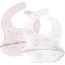 Termichy Baberos de Silicona para Bebe, 2 Piezas Baberos Impermeables para Niño y Niña, Fácil Limpieza, Baberos Ajustables con Bolsillo para ecolectar Comida - Blanco - Ver 1