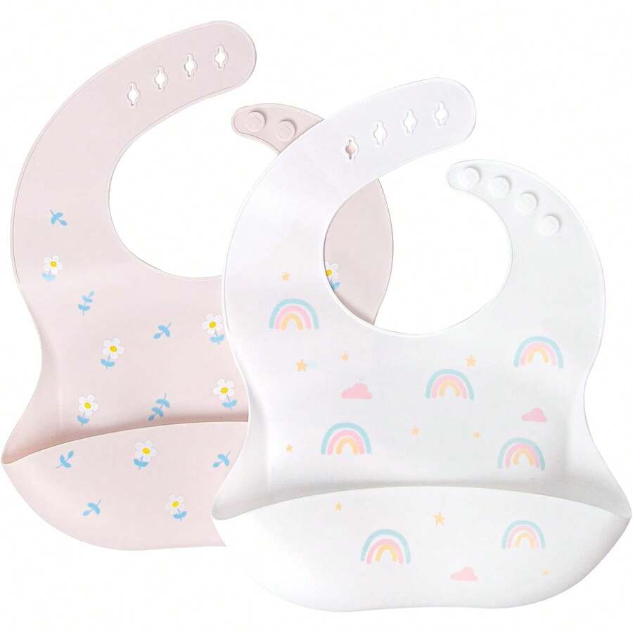 Termichy Baberos de Silicona para Bebe, 2 Piezas Baberos Impermeables para Niño y Niña, Fácil Limpieza, Baberos Ajustables con Bolsillo para ecolectar Comida - Blanco - Ver 1