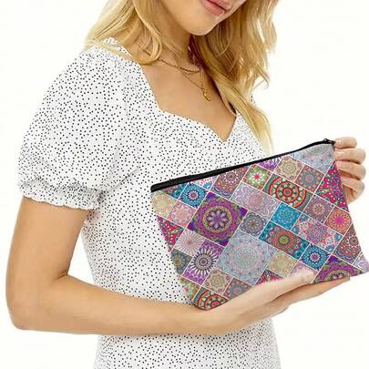 1pc Bohemian 2D Mandala Print Cosmetic Bag, Cute & Fashionable Wallet, Makeup Bag, Portable Storage Pouch, Zipper Illustration Organizer Bag, Travel Makeup Case, Can Store Cosmetics, Stationery, Snacks & Coins, Versatile Unisex Gift