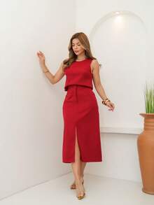Women's Cropped Top And Tailored Skirt Set - Color caoba - Ver 2