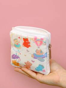 1pc Colorful Bear Cute Girl Sanitary Pad Storage Bag, Cartoon Pattern Mini Coin Purse Cosmetic Bag