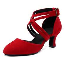 Women's Professional Latin Dance Shoes, Medium Heel Standard Dance Shoes, Double Strap, Burgundy Indoor Professional Dance Shoes, Performance Ballroom Salsa Dance Shoes - Red - View 17