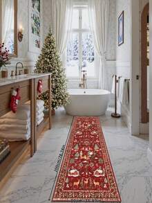 1 Pc Christmas Tree And Santa & Reindeer Beige Carpet, Non-Skid And Washable, Very Suitable For Living Room, Bedroom, Hallway, Indoor And Outdoor Use, Easy Home Christmas Decoration And Room Decoration