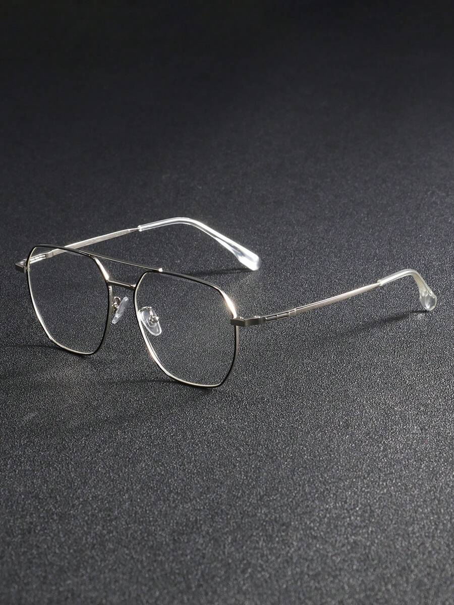 1 Pair Men's Metal Asymmetrical Geometric Blue Light Blocking Clear Lens Glasses, Beach Cover Up Tops, Summer Glasses - Silver Dot Black and White Flat - View 1