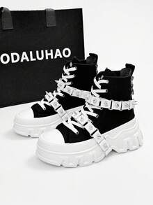 SLnU3 3pcs Men's Fashionable Thick Sole Elevated Motorcycle Boots, Punk Street Preppy Casual Style, Personalized Accessories Decoration, Interchangeable, Metal Eyelets Lace-Up Side Zipper, Simple Design Suitable For Outdoor All Seasons Versatile - Black and White - View 16