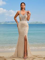 Ny lyxig exklusiv paljett- och paljettklänning i spets, halterneck, handgjord pärlfärgad formell klänning med slits i fållen, elegant för kvinnors formella gala, bröllopsgästklänning