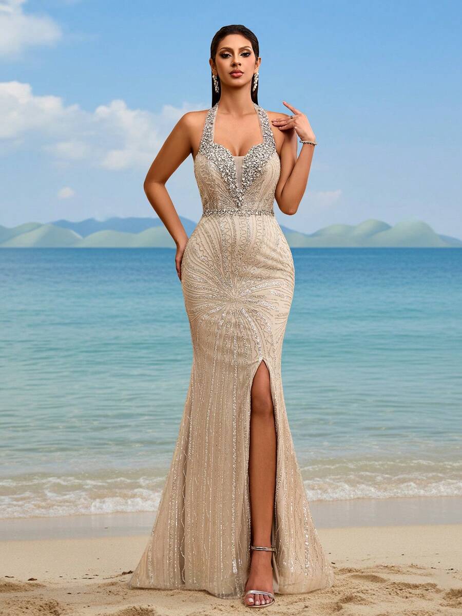 New Luxury & Elegant Women's Sequin & Beaded Halter Neck Handmade Embellished Mermaid Tail Maxi Dress With Slit, Suitable For Formal Dinners, Galas, Red Carpet Events, Weddings, Valentine's Day Party Spring