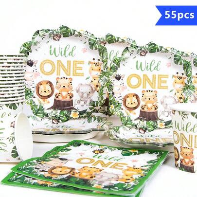 10pcs Green Rim Animal Petal Shaped Disposable Plate, Napkin, Cup Set, Plates, Napkins And Cups Party Supplies, Suitable For 10 Guests, Disposable Paper Plates Party Tableware For Birthday, Wedding, Party, Family Picnic