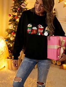 Christmas Print Sweatshirt With Thermal Lining - Black - View 3