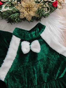 Girls Christmas Plush Set: Hooded Jacket + Sleeveless Dress, Fluffy Trim Decor, Suitable For Holiday Parties & Gatherings, Soft Plush Fabric, Red & White Fluffy Trim Creates Festive Christmas Vibe. Hooded Jacket For Warmth, Sleeveless Dress With Adorable Neckline Design, Autumn/Winter - Green - View 4