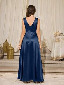 复古 1950 年代无袖缎面派对舞会礼服 - 藏蓝色 - 查看 2