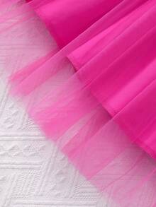 女童长袖圆领荷叶边罗纹撞色网纱连衣裙，甜美可爱，适合秋冬季节穿着。 - 玫紅色 - 查看 8