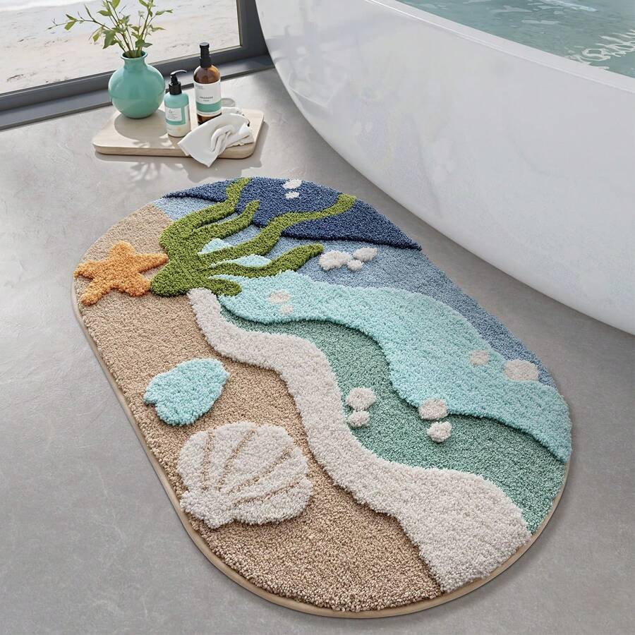 Summer Style Bathroom Rugs,Soft And Absorbent Bath Mats Non-Slip Backing Shower Rug,Machine Washable, Bathroom, Kitchen And Entryway Home Decor,Sea Beach Starfish Shell Bath Floor Mat,22"X34" - Khaki - View 1