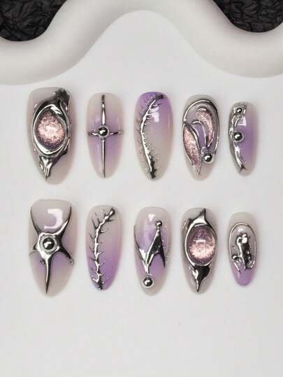 10pcs/Set Handmade Almond-Shaped Y2K Baddie Style Press-On Nails, Purple & Silver Asymmetrical Liquid Metal, Cat Eye, Ombre Design, Suitable For Party, Wedding, Daily Wear, Includes Tool Kit, Great Gift For Women & Girls