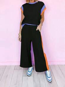 Spring Summer Women's Casual Fashion Color-Block Two Pieces Set: Short Sleeve Round Neck Loose Top With Long Pants, Versatile Outfit For Outings