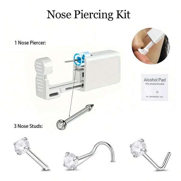 4Pcs Disposable Nose Piercing Kit, Nose Piercing Gun, Self Piercing Kit For Nose Studs And Nose Rings, Hypoallergenic Stainless Studs For Sensitive Skin