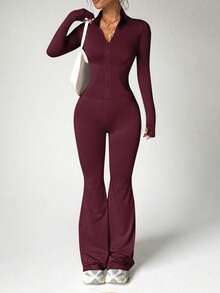 女士纯色长袖上衣和修身运动裤套装，适合健身和锻炼 - 酒紅色 - 查看 4