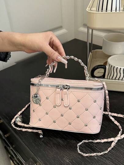 Fashionable Rhombus Chain Small Handbag For Women, New Rhinestone Box Bag, Chic Tote Bag & Crossbody Bag