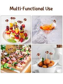 100pcs-Football-Shaped Cocktail Picks, Decorative Toothpicks For Appetizers, Football-Ended Cocktail Skewers Wooden Decorative Fruit Toothpicks, Fruit Sandwich Buffet Party Supplies Long Bamboo Toothpicks, Fruit Toothpicks For Sandwich Buffet Parties Party Supplies - Holiday Birthday Party Decorations - Multicolor - View 3