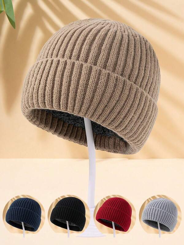 1pc Men's Solid Color Thermal Lined Beanie, Multi-Color (Black, Khaki) Warm Thick Knit Hat For Outdoor Casual Wear, Suitable For Daily Use In Autumn/Winter Autumn Outfits Fluffy