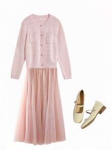 浪漫粉色喇叭下摆A字裙，法式宽松飘逸网眼裙，甜美2025春夏新品 - 杏桃粉 - 查看 2