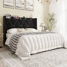 SHA CERLIN Full/Queen/King Velvet Upholstered Bed Frame With Charging Station, Modern Wingback Storage Headboard, Diamond Stitched & Gold Trim, No Box Spring Needed, Easy Assembly, Black - 黑色 - 查看 1