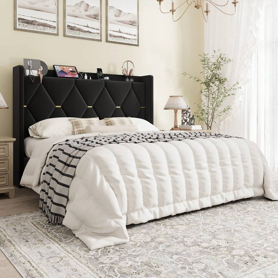 SHA CERLIN Full/Queen/King Velvet Upholstered Bed Frame With Charging Station, Modern Wingback Storage Headboard, Diamond Stitched & Gold Trim, No Box Spring Needed, Easy Assembly, Black - 黑色 - 查看 1