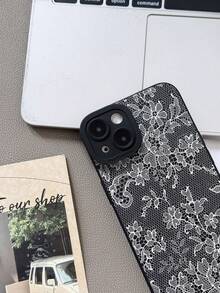 1 pieza Elegante y romántico estuche suave para teléfono con patrón de encaje y forma de ojo de gato negro que cubre completamente, compatible con iPhone 11/12/13/14/15/16 Pro Max