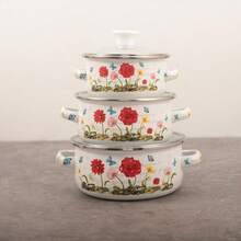 Zestaw naczyń emaliowanych 2025 | Powłoka ceramiczna bez PFAS, nadaje się do kuchenek gazowych/indukcyjnych | Zaokrąglone krawędzie, nadaje się do grillowania na świeżym powietrzu/użytku domowego | Zestaw 3-częściowy (garnek do zupy/garnek termiczny/garnek na jedzenie dla niemowląt) | Styl retro, łatwy do czyszczenia