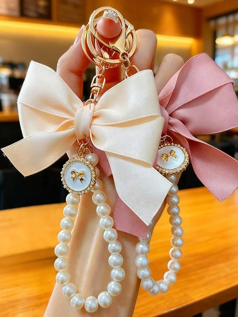 1pc Elegant Large Satin Bow Keychain, Beaded Pearl Bracelet Pendant, 6 Color Options, Creative Charm Bag Accessory, Key Chain For Women, Gifts For Girlfriend, Mom, Teacher, Couples, Christmas, Thanksgiving, Party