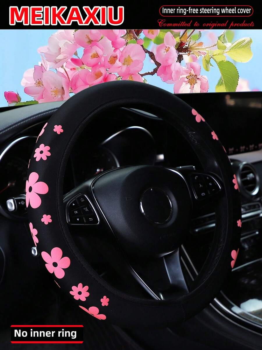 MEIKAXIU 1 Vỏ bọc vô lăng bằng vải xốp mềm họa tiết hoa, phù hợp với xe 14,5-15 inch, phụ kiện trang trí cho nữ