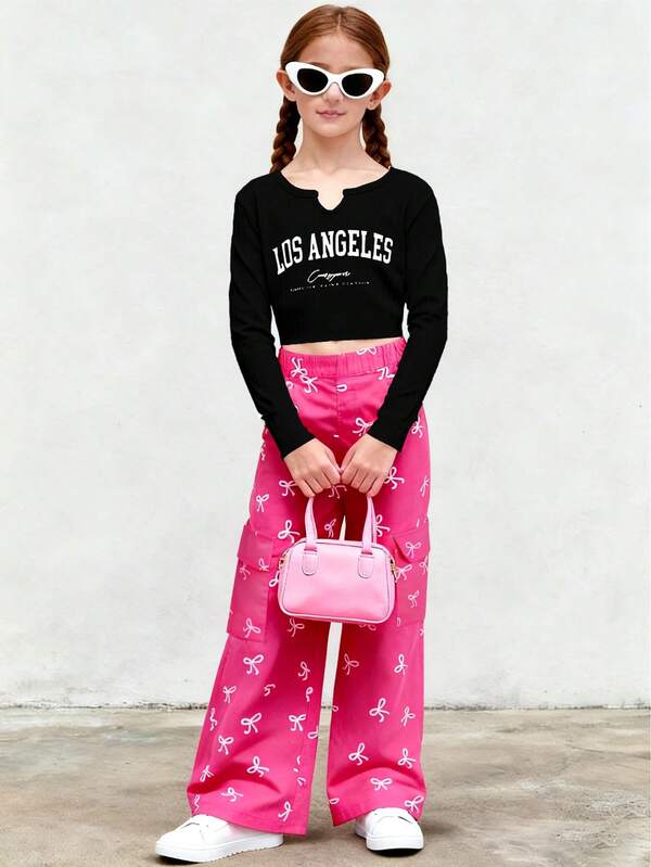 American Style Girls' Clothes, Butterfly Printed Long Pants Fashion Elegant Long Sleeve Top Two Pieces Set, Suitable For Daily Outdoor Activities, School, Vacation And Commuting In And Autumn.