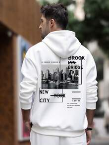 男士纽约布鲁克林城市元素印花抓绒连帽衫，街头风，秋冬款，长袖上衣 - 白色 - 查看 2