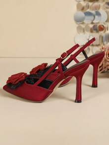 Women's New Burgundy Pointed Toe High Heels, 3D Rose Decor Backless Stiletto Shoes, Retro Style Party & Club Wear Buckle Pumps - Bordeaux - View 7