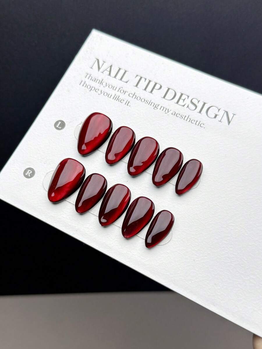 10片手工制作可佩戴美甲贴片，短款杏仁形按压式假指甲，轻奢简约风格，深红色玻璃珠偏光猫眼短指甲，优雅高端的美甲贴片，适合女士和女孩日常佩戴，含美甲套装 - 彩色 - 查看 1