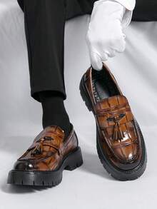 Mocassins Casuais Masculinos, Estilo Retrô Xadrez com Decoração de Borla, Adequado para Casamento, Uso no Escritório