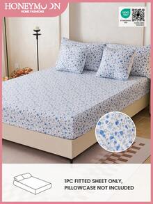 1pc Printing Fitted Sheet Only, Easily Fits 9 Inch To 12 Inch Mattress, Soft, Wrinkle Free, Breathable And Comfy, For All Size Bed, Machine Washable. Chic Blue Flowers Decorative Bed Sprea Fitted Sheet For Bedroom Dorm Essentials, Oeko-Tex Certified