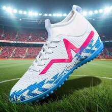 1 par de tacos de fútbol para adultos, jóvenes y estudiantes, de caña alta para uso en exteriores, antideslizantes y duraderos con clavos TF para césped artificial, arena, césped natural, cancha cubierta, zapatos de entrenamiento de fútbol/rugby para hombres/mujeres, con cordones, talla pequeña, de cuero, ligeros, de alto rendimiento, diseño antideslizante, botas de fútbol profesionales - Blanco - Ver 7