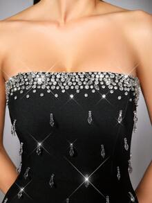 女士性感无肩带绷带长裙，饰以手工水钻，优雅露背开衩设计，适合圣诞节、红毯、鸡尾酒会、晚宴等场合。 - 黑色 - 查看 8