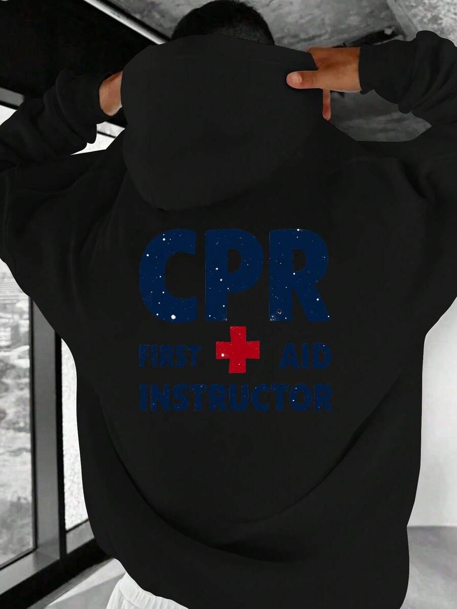 sweat-shirt à capuche d'instructeur de RCR et de premiers secours pour hommes - Coupe ample et oversize avec motif RCR (étoiles) au dos, pour la formation et l'enseignement sur le lieu de travail, lavable en machine - Vêtement certifié JPH-9, porter décontracté confortable, oversize - Noir - Voir 1